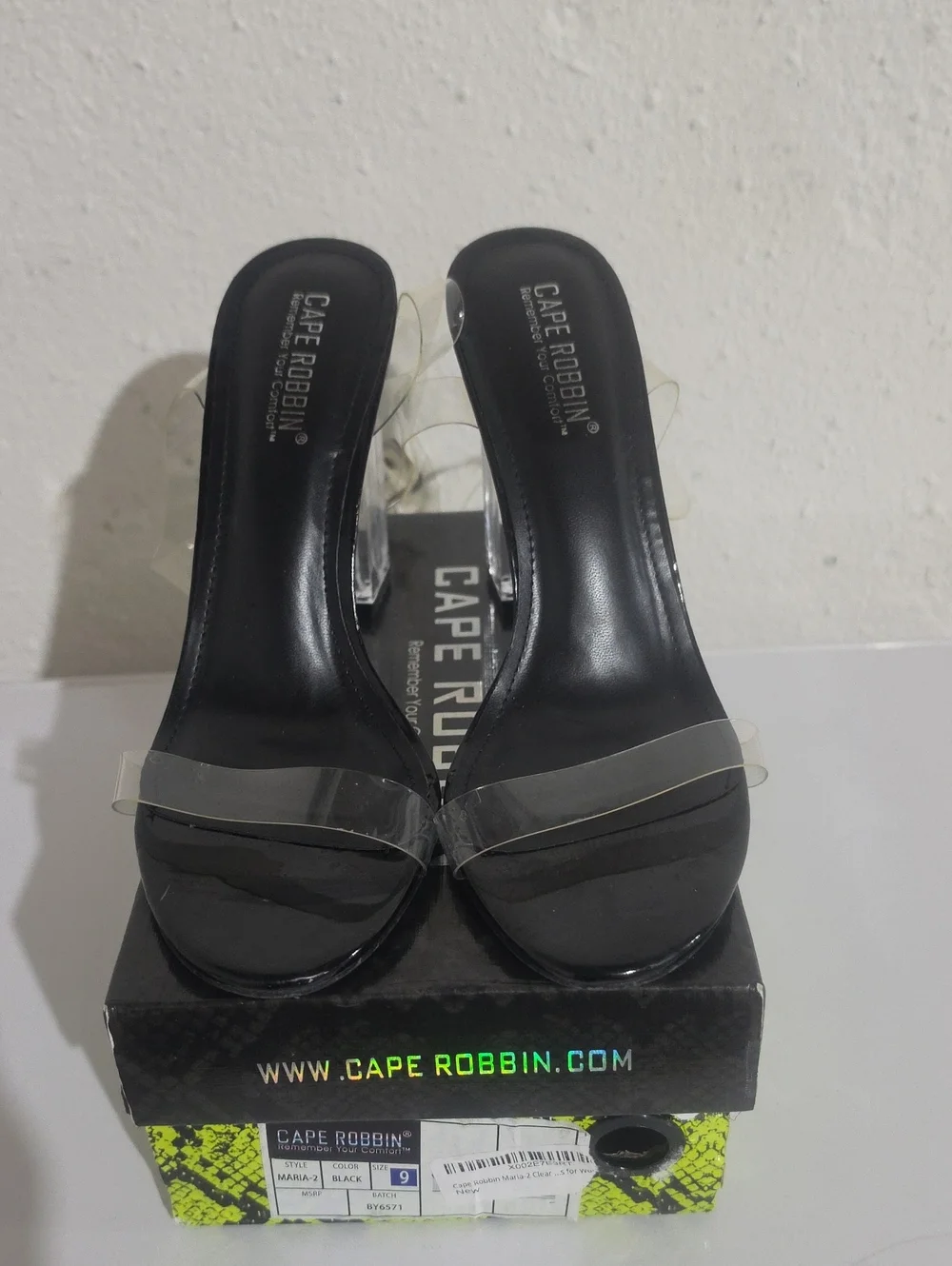 Cape Robbin Black Clear Strap Block Heel Mules